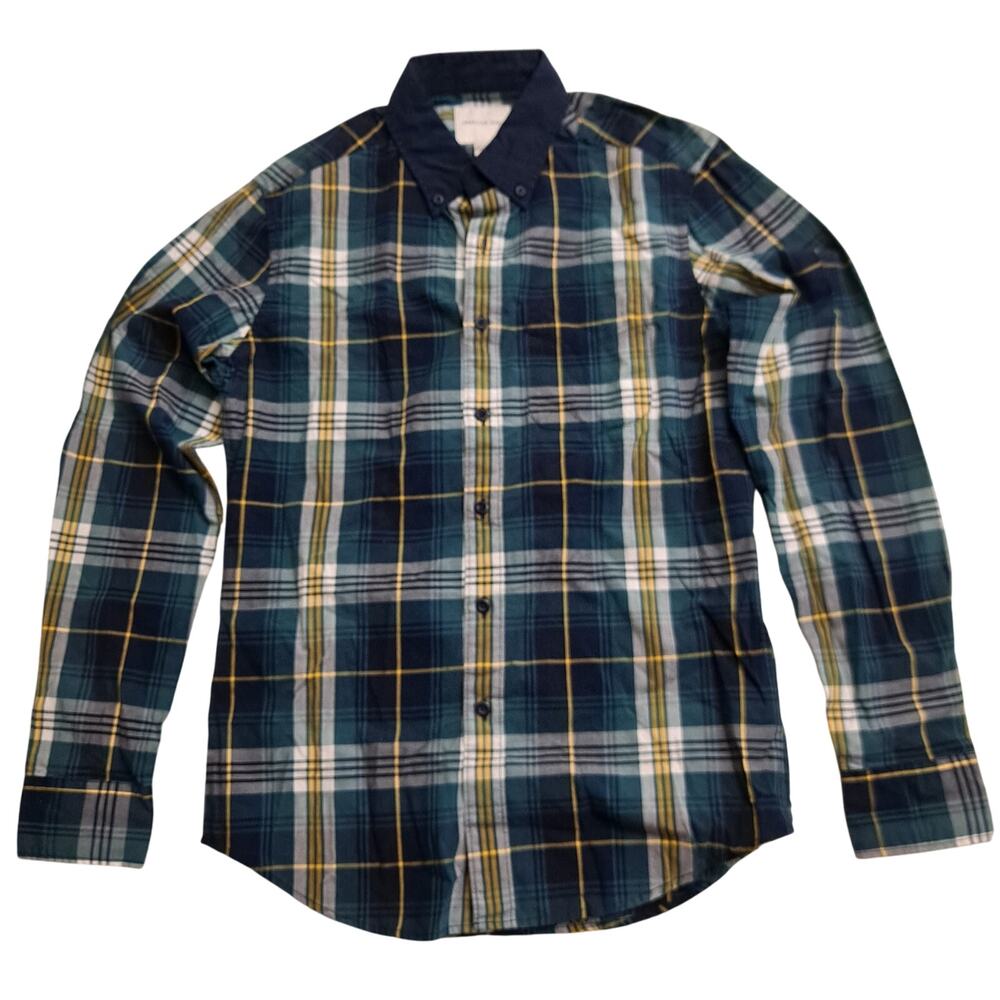 NWT American Eagle Plaid Shirt Long Sleeve Button-Down Green Yellow Mens Size XS